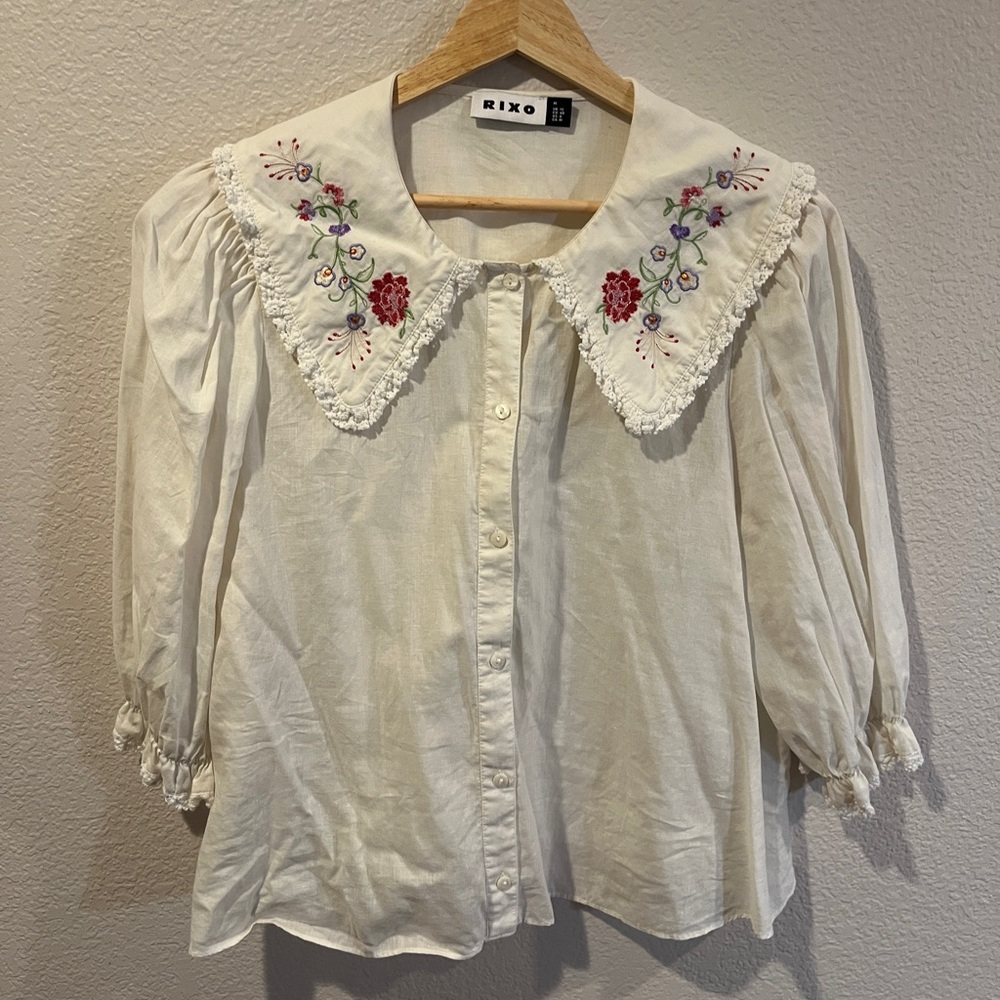 RIXO White Ruffled Bib Collar Blouse